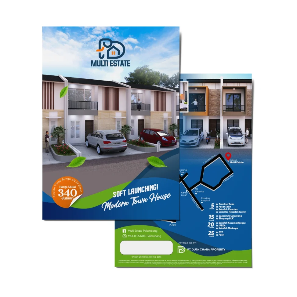 Portofolio desain brosur perumahan Multi Estate Palembang menampilkan visual modern town house tipe dua lantai, promo harga mulai 340 jutaan, dan peta lokasi strategis.