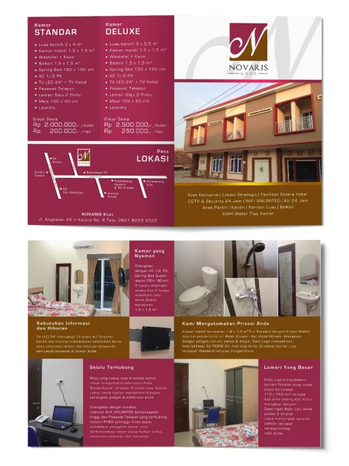 Desain brosur Novaris Kost Eksklusif Palembang menampilkan pilihan Kamar Standar dan Kamar Deluxe dengan fasilitas TV LED, AC, WiFi Unlimited, dan peta lokasi strategis di Jalan Angkatan 45.