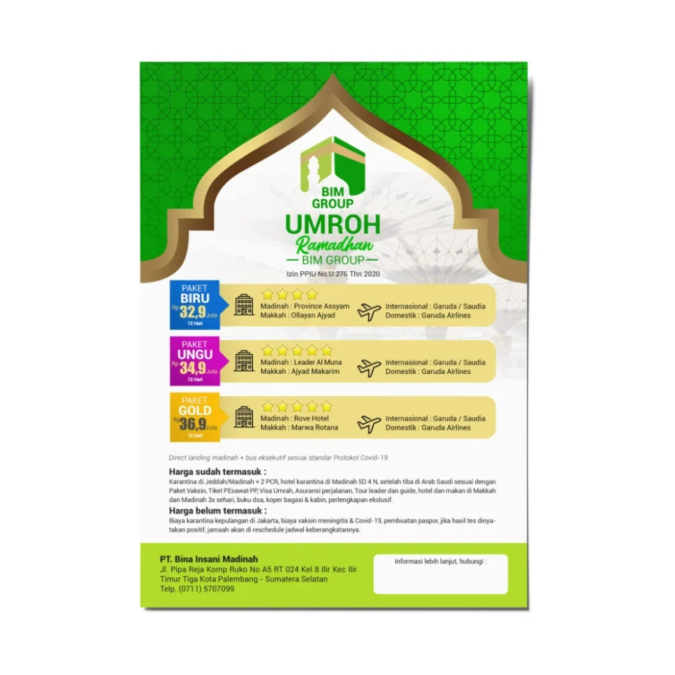 Desain brosur Umroh Ramadhan BIM Group Palembang menampilkan pilihan Paket Biru, Ungu, dan Gold dengan rincian hotel di Makkah dan Madinah serta maskapai Garuda Indonesia.