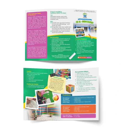 Desain brosur trifold sekolah TK Islam RA Al-Manshurah Palembang, menampilkan rincian kurikulum tahfidz, fasilitas sekolah, biaya pendidikan, dan jadwal pendaftaran gelombang 1 & 2.