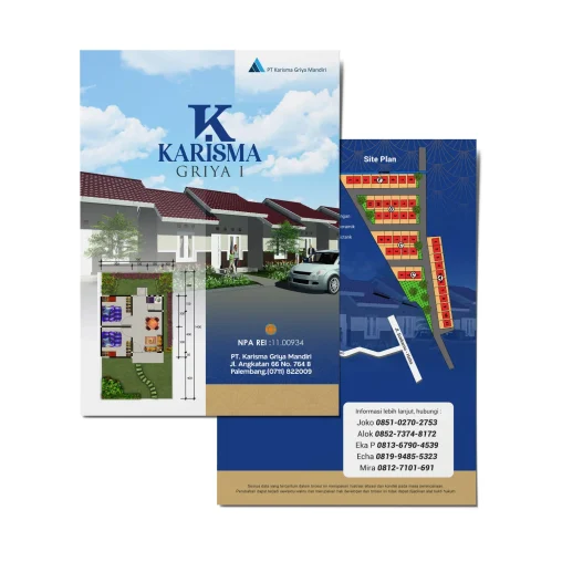 Portofolio desain brosur perumahan Karisma Griya I Palembang oleh PT Karisma Griya Mandiri menampilkan visual fasad rumah minimalis, denah tata ruang berwarna, dan site plan lokasi proyek.