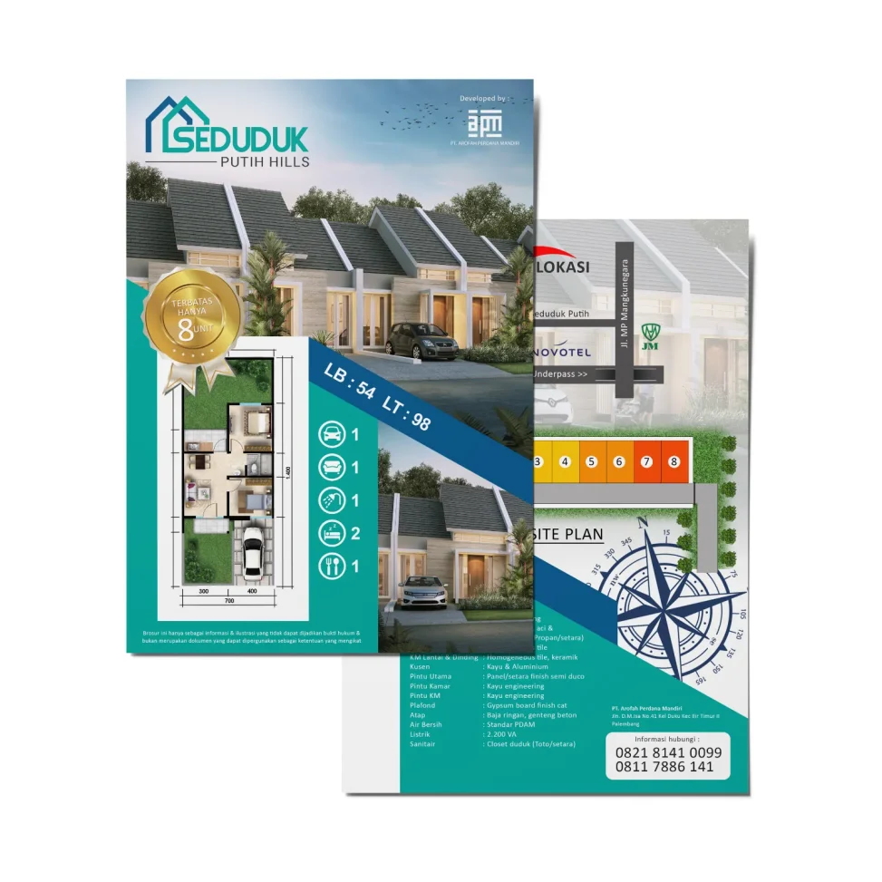 Portofolio desain brosur perumahan Seduduk Putih Hills Palembang menampilkan visual rumah modern minimalis tipe 54/98, denah unit, site plan, dan spesifikasi material bangunan berkualitas.