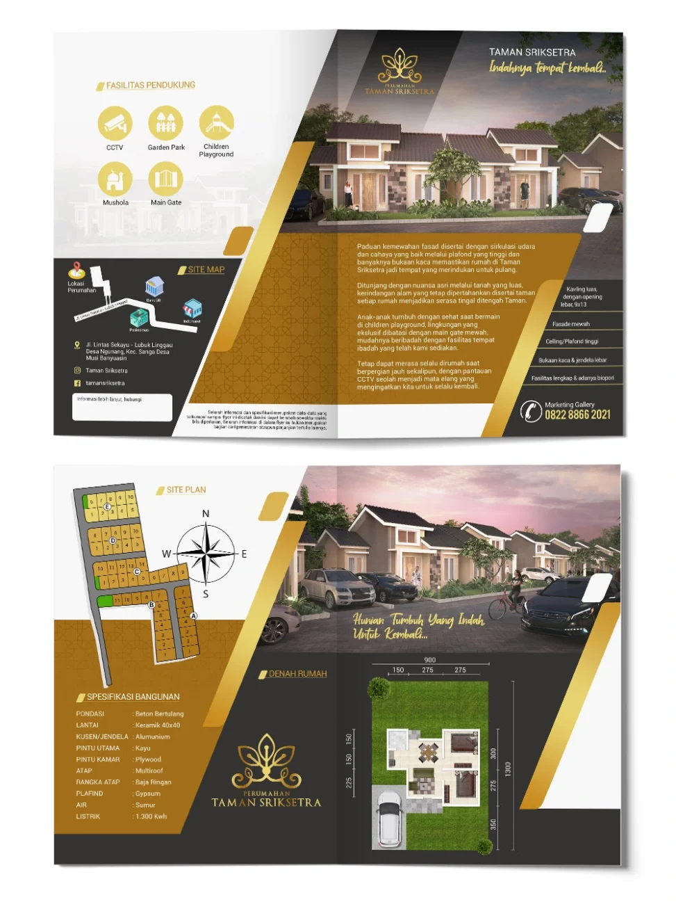 Desain brosur eksklusif Perumahan Taman Sriksetra Musi Banyuasin menampilkan visual fasad mewah, denah rumah tipe 45, site plan perumahan, dan daftar fasilitas pendukung.