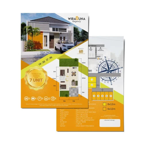 Portofolio desain brosur perumahan Wiraguna Regency Palembang menampilkan visual rumah tipe 50/96 modern minimalis, denah tata ruang, site plan, dan spesifikasi material bangunan.