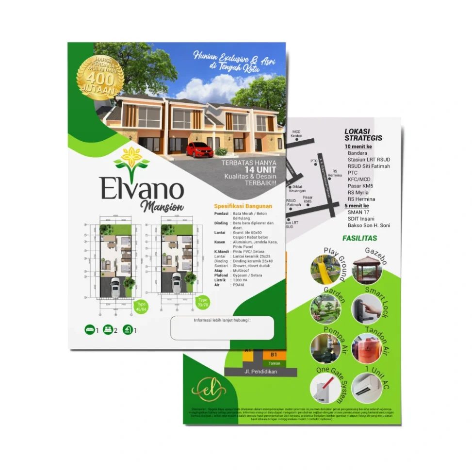 Desain brosur perumahan Elvano Mansion, menampilkan visual fasad rumah modern dua lantai, denah tipe 45/84 dan 39/78, peta lokasi strategis, serta daftar fasilitas lengkap.