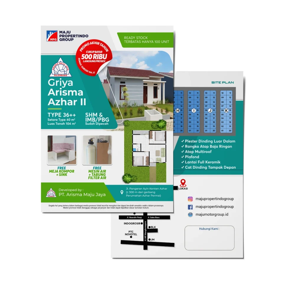 Desain brosur perumahan Griya Arisma Azhar II Palembang tipe 36++ dengan promo angsuran 500 ribu, menampilkan unit ready stock, denah rumah, dan peta lokasi strategis.