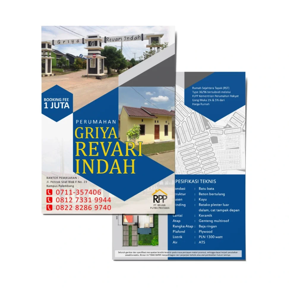 Desain brosur perumahan Griya Revari Indah, menampilkan gerbang utama, unit tipe 36/96, denah rumah, site plan, dan rincian spesifikasi teknis bangunan.