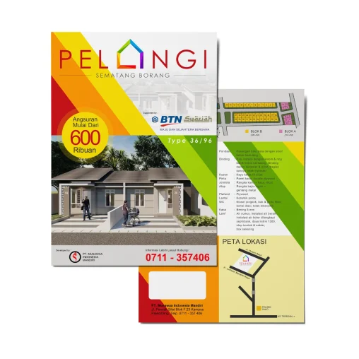 Desain brosur perumahan Pelangi Sematang Borang Palembang tipe 36/96, menampilkan visual rumah minimalis, info angsuran mulai 600 ribuan, dukungan BTN Syariah, dan site plan blok perumahan.