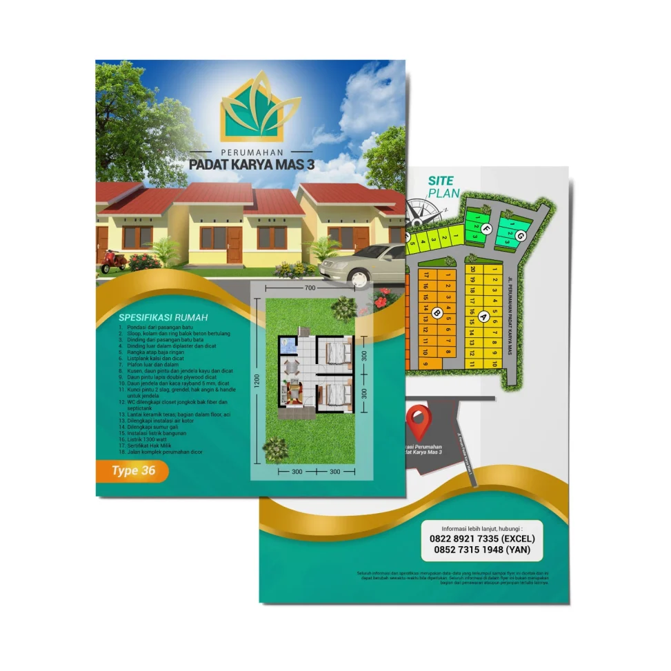 Desain brosur perumahan Padat Karya Mas 3 Palembang tipe 36, menampilkan spesifikasi bangunan lengkap, denah rumah dengan luas tanah ideal, dan site plan kompleks perumahan yang tertata.