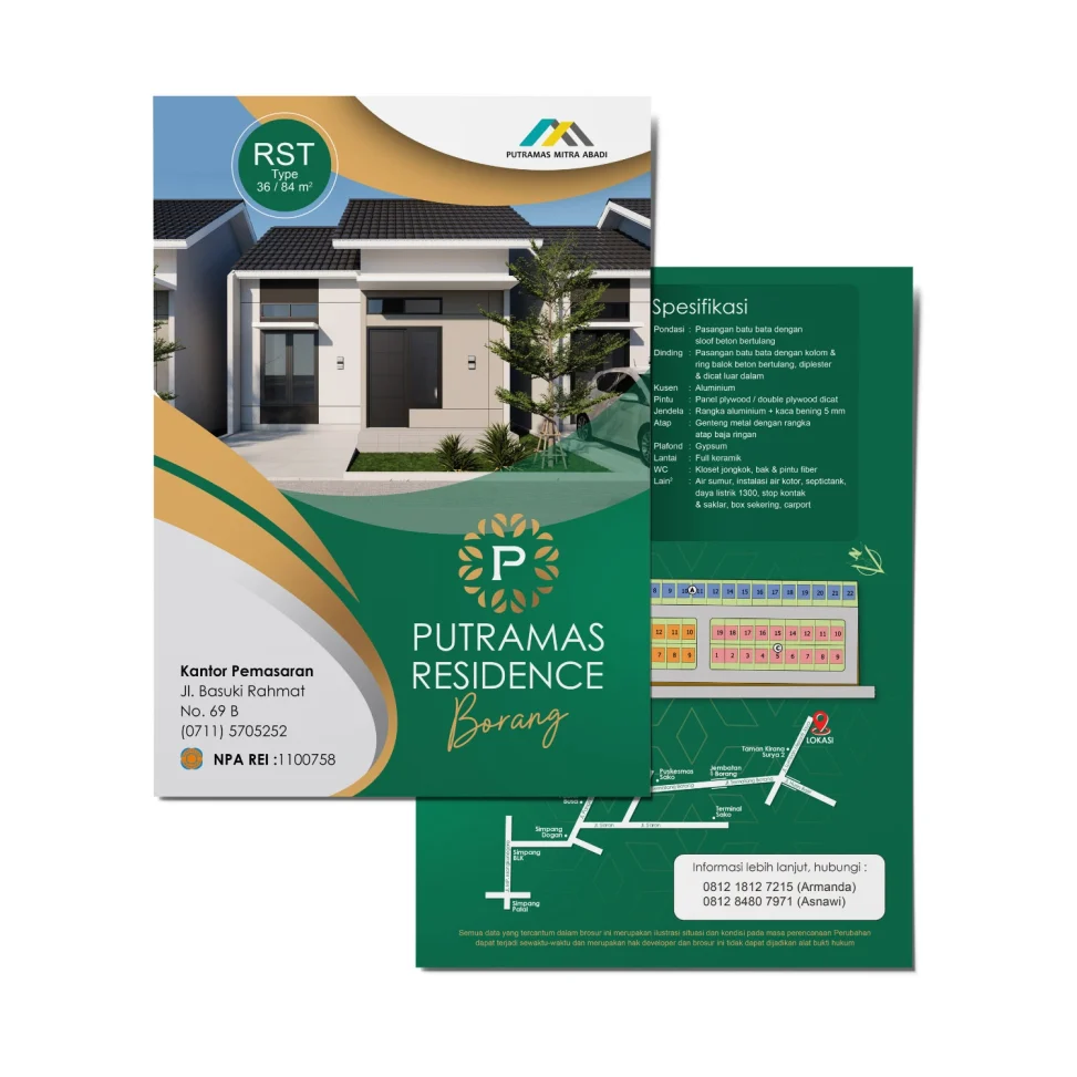 Desain brosur perumahan Putramas Residence Borang, menampilkan visual rumah minimalis tipe RST 36/84 m2, spesifikasi teknis bangunan, site plan, dan peta lokasi di Palembang.