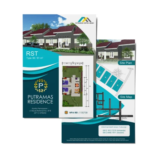 Desain brosur Putramas Residence Palembang tipe 36/91 m², menampilkan fasad bangunan modern, denah rumah berwarna, site plan, dan peta lokasi strategis.