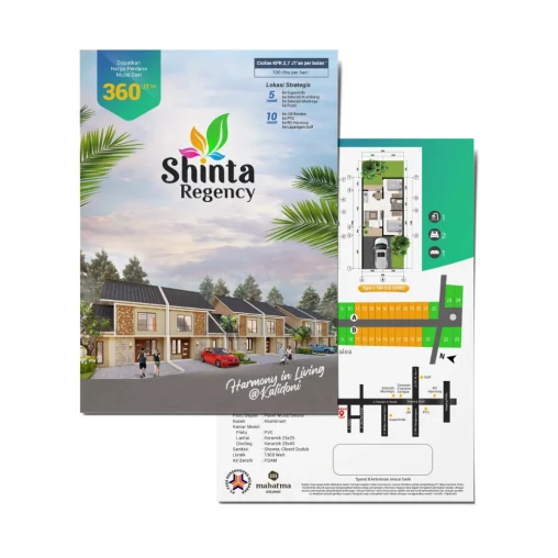 Desain brosur perumahan Shinta Regency Kalidoni Palembang harga mulai 360 jutaan, menampilkan unit tipe L:5M (LB:32M2), denah rumah modern, dan peta lokasi strategis dekat PTC Mall.