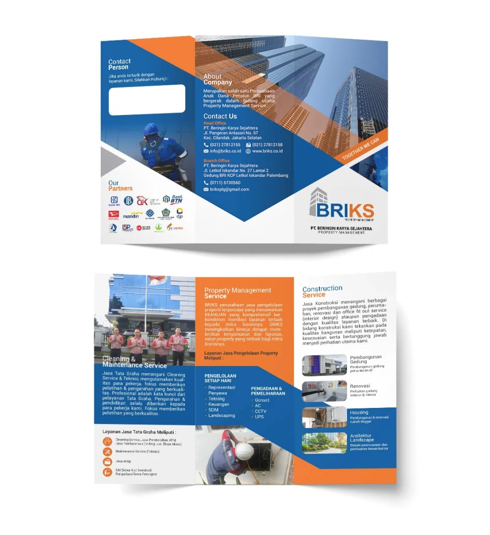 Desain brosur profil perusahaan BRIKS PT Beringin Karya Sejahtera menampilkan layanan Property Management, Construction Service, serta Cleaning dan Maintenance Service dengan skema warna biru dan oranye yang profesional.