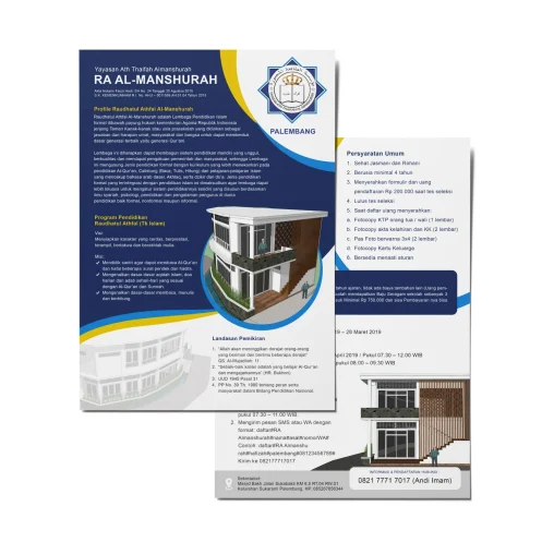 Portofolio desain brosur pendaftaran siswa baru RA Al-Manshurah Palembang, menampilkan profil lembaga, program pendidikan Islam, persyaratan umum, dan visual gedung sekolah.