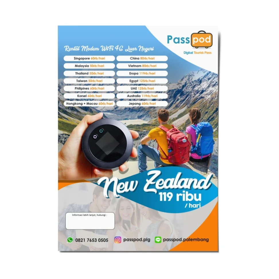 Desain flyer sewa modem WiFi 4G New Zealand oleh Passpod Palembang dengan visual pegunungan es dan tarif sewa 119 ribu per hari untuk koneksi internet tanpa batas.