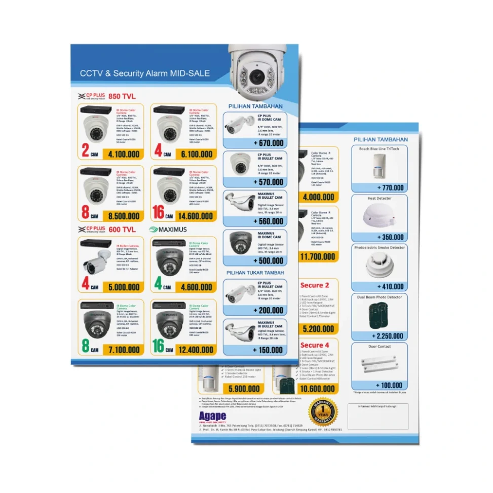 Portofolio desain brosur katalog produk CCTV dan sistem keamanan Agape Palembang menampilkan paket harga kamera CP Plus dan Maximus serta sensor alarm keamanan.
