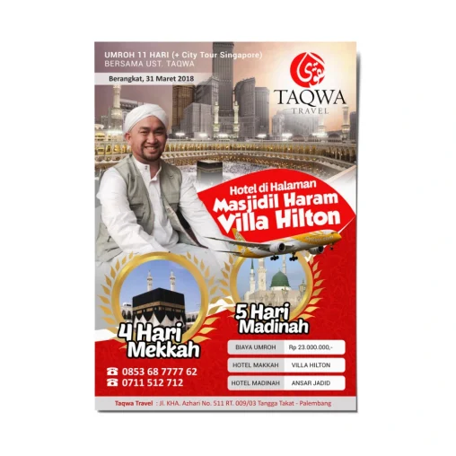 Desain brosur umroh Taqwa Travel Palembang menampilkan paket Umroh 11 hari bersama Ust. Taqwa dengan fasilitas hotel Villa Hilton Makkah dan Ansar Jadid Madinah.