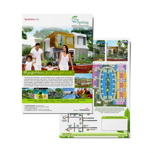 Desain brosur perumahan The Spring North Residence Kenten City Palembang menampilkan hunian modern kontemporer tipe Willow, Watercress, dan Clover dengan fasilitas kolam renang serta sistem kabel bawah tanah.