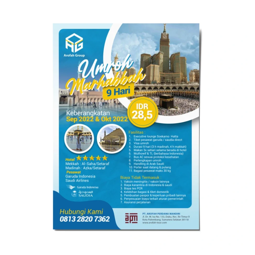 Desain flyer paket Umroh Marhabbah 9 hari Arofah Group Palembang dengan harga IDR 28,5 juta, menggunakan maskapai Garuda Indonesia dan Saudi Airlines, serta fasilitas hotel bintang 5.