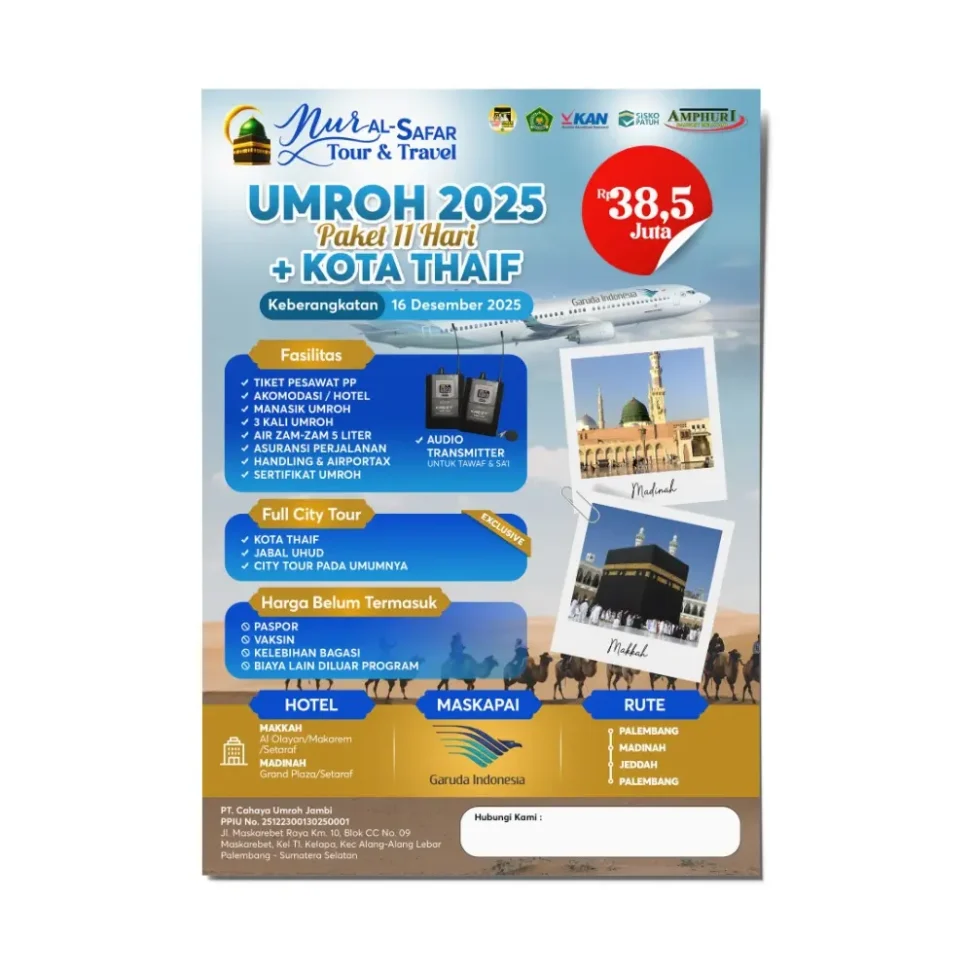 Desain flyer paket Umroh 2025 Nur Al-Safar Tour & Travel Palembang dengan program 11 hari plus Kota Thaif, harga 38,5 juta, menggunakan maskapai Garuda Indonesia.