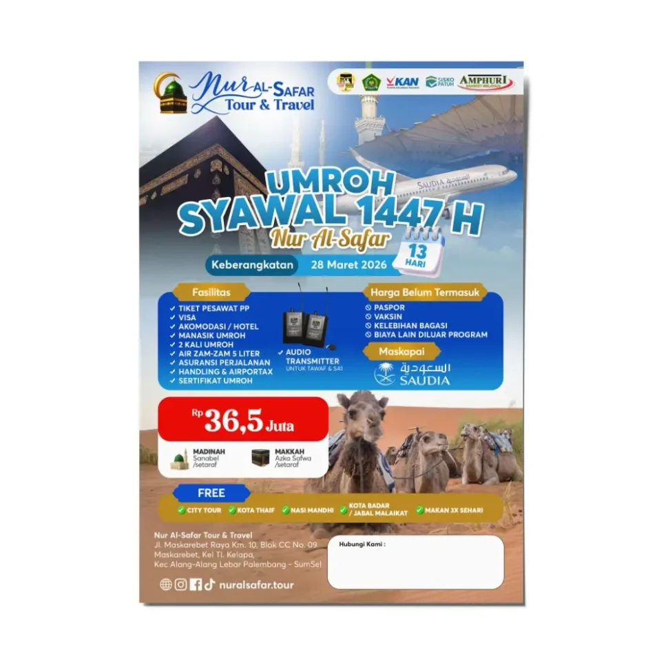 Desain flyer paket Umroh Syawal 1447 H Nur Al-Safar Tour & Travel Palembang dengan informasi harga 36,5 juta, fasilitas hotel Madinah Sanabel, dan maskapai Saudi Arabian Airlines.