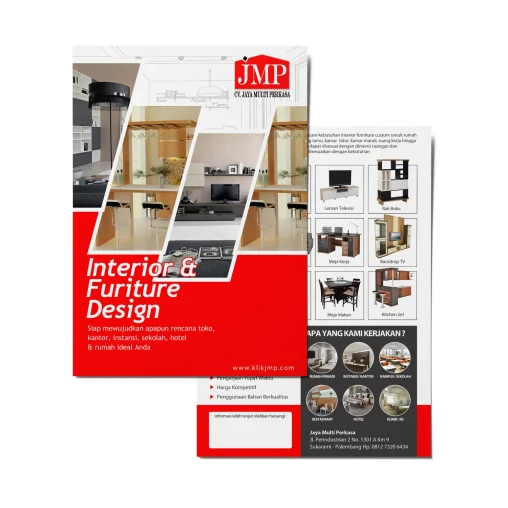 Desain brosur interior dan furniture kustom CV Jaya Multi Perkasa Palembang menampilkan berbagai produk seperti kitchen set, meja kerja, dan backdrop TV dengan palet warna merah putih yang profesional.