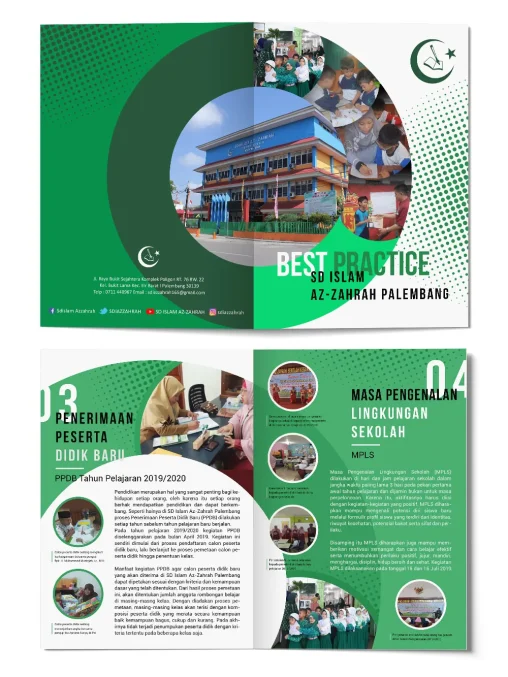 Portofolio desain buku profil sekolah SD Islam Az-Zahrah Palembang dengan skema warna hijau yang ramah anak dan profesional.