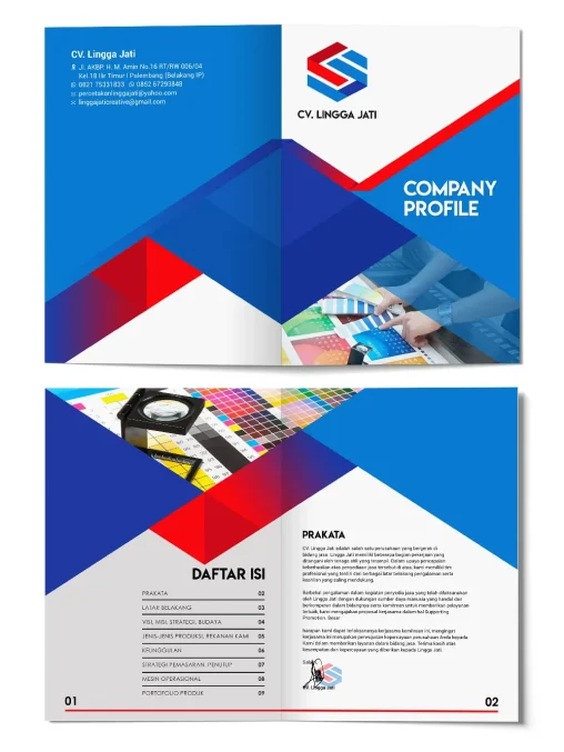 Portofolio desain company profile profesional CV Lingga Jati Palembang dengan layout modern warna biru dan merah.