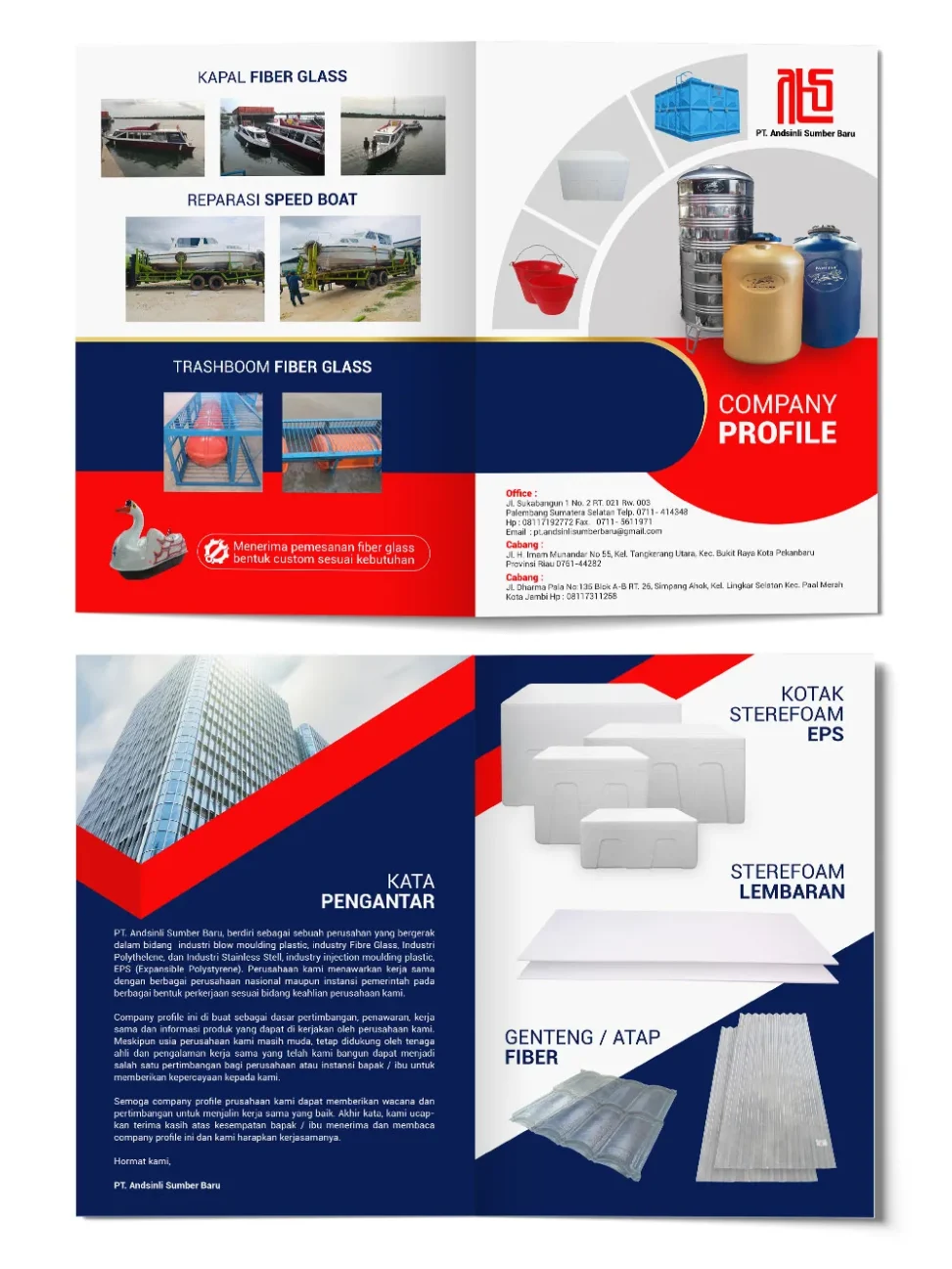 Portofolio desain company profile manufaktur PT Andsinli Sumber Baru Palembang yang memproduksi kapal fiber glass, speed boat, dan sterefoam EPS.