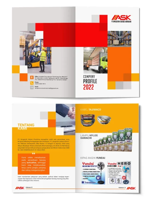 Portofolio desain company profile distributor alat listrik PT Anugerah Sukses Kharisma Palembang dengan dominasi warna oranye dan merah.