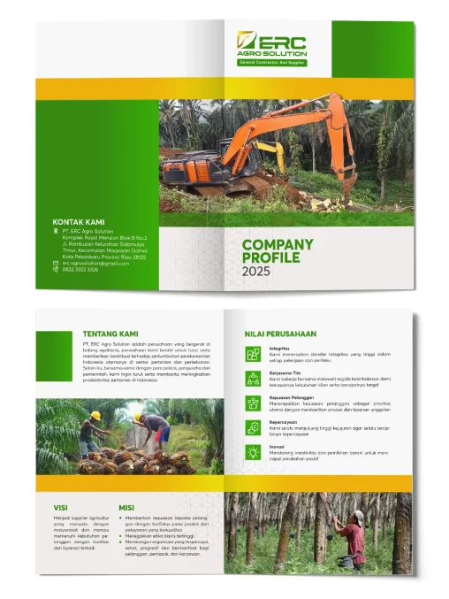 Portofolio desain company profile PT ERC Agro Solution Pekanbaru dengan tema warna hijau dan kuning untuk sektor agribisnis.