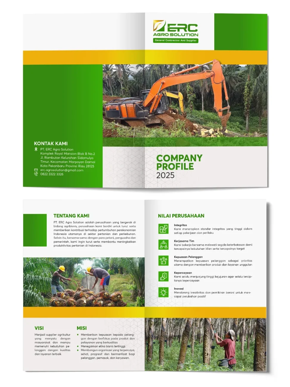 Portofolio desain company profile PT ERC Agro Solution Pekanbaru dengan tema warna hijau dan kuning untuk sektor agribisnis.