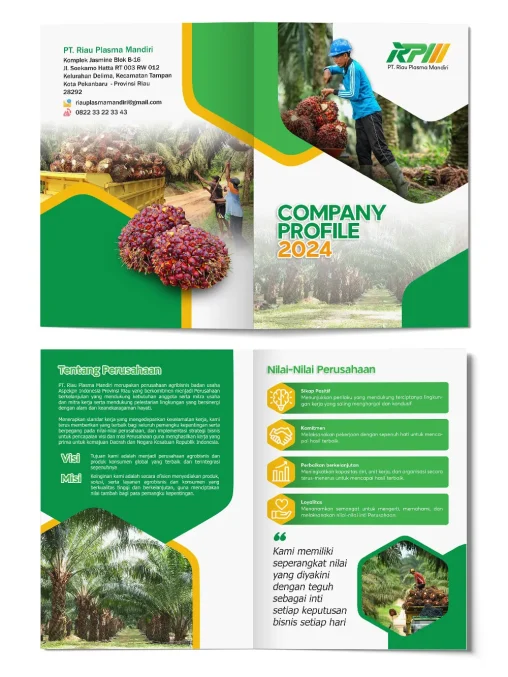 Portofolio desain company profile perusahaan sawit PT Riau Plasma Mandiri dengan tema hijau agribisnis.