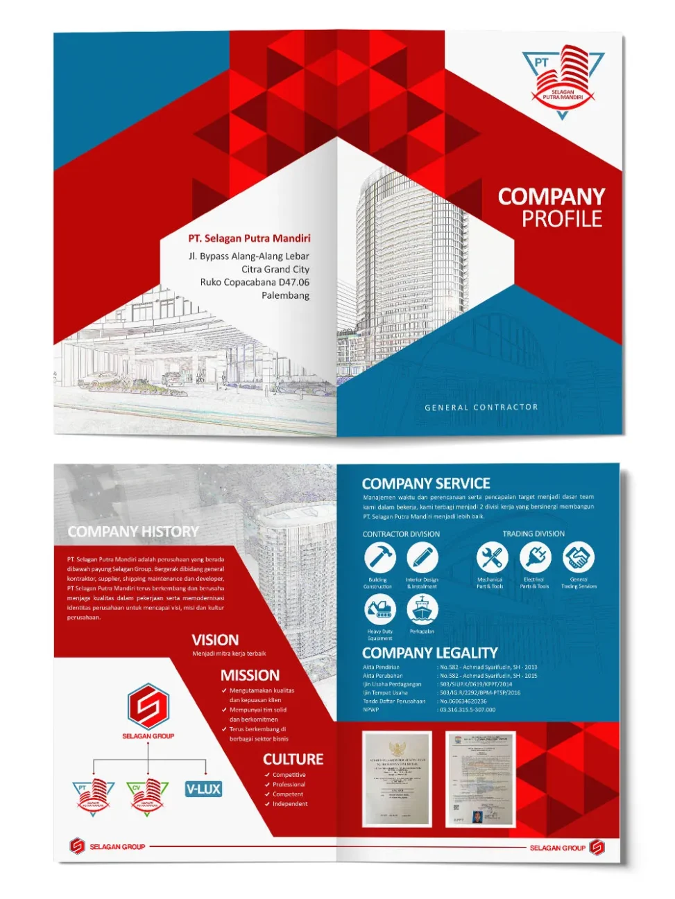 Portofolio desain company profile kontraktor umum PT Selagan Putra Mandiri Palembang dengan tema warna merah dan biru.