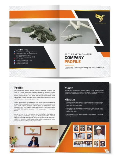 Portofolio desain company profile kontraktor MEP dan HVAC PT Yura Mitra Mandiri Palembang dengan tema warna oranye dan profesional.