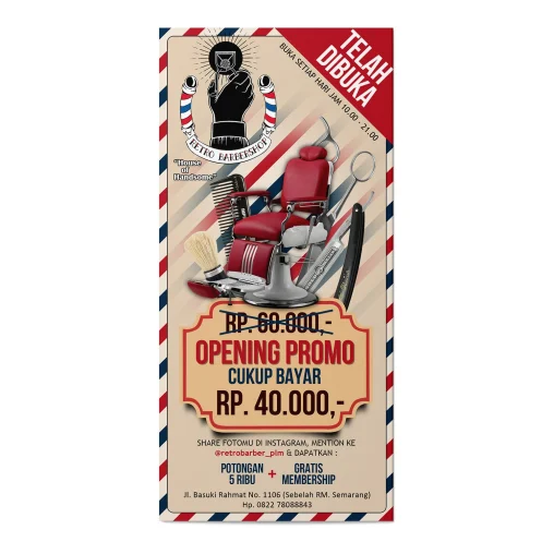 Desain flyer opening promo Retro Barbershop Palembang, menampilkan visual kursi barber klasik, peralatan cukur, dan informasi harga promo dari 60 ribu menjadi 40 ribu.