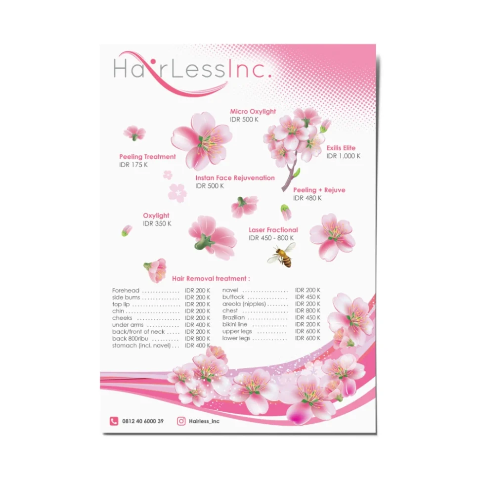 Desain flyer daftar harga layanan HairLessInc, menampilkan menu Hair Removal Treatment, berbagai perawatan wajah (Peeling, Oxylight, Rejuvenation), dengan estetika bunga sakura pink yang elegan.