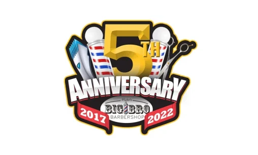 Portofolio Desain Logo 5th Anniversary BigBro Barbershop Palembang dengan angka 5 emas 3D, tiang barbershop, mesin cukur, dan gunting.