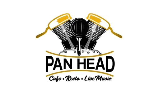 Portofolio Desain Logo Pan Head Cafe Resto Live Music Palembang dengan ilustrasi mesin motor V-Twin kustom dari peralatan dapur.