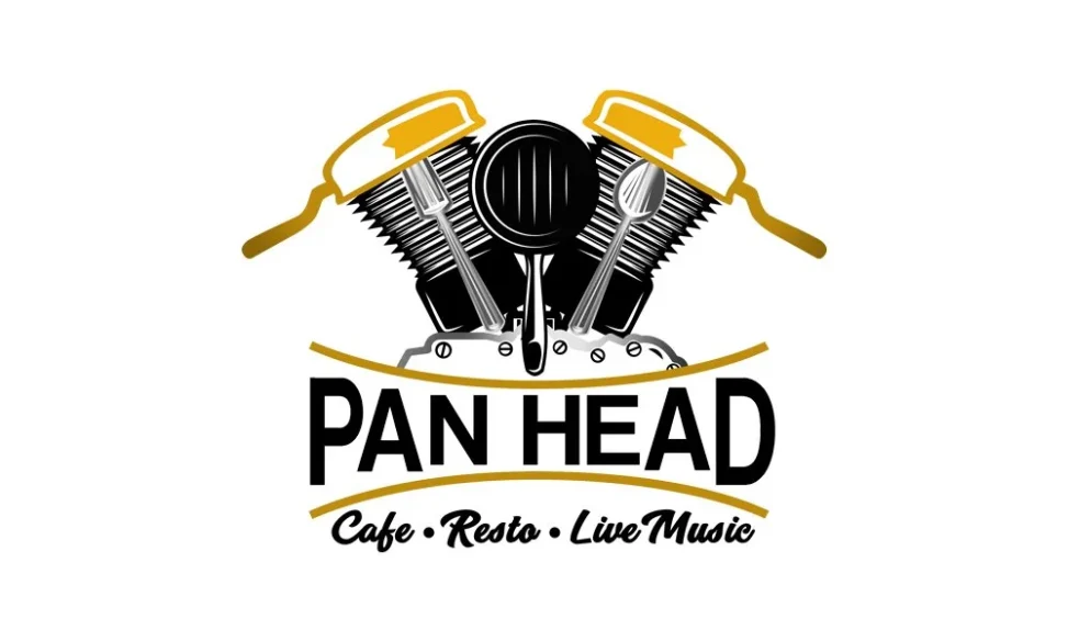 Portofolio Desain Logo Pan Head Cafe Resto Live Music Palembang dengan ilustrasi mesin motor V-Twin kustom dari peralatan dapur.