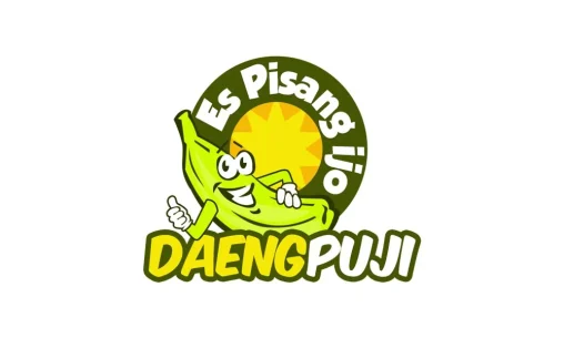 Portofolio Desain Logo Es Pisang Ijo Daeng Puji Palembang dengan karakter maskot pisang hijau kartun ceria acungan jempol.
