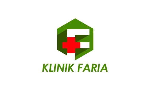 Portofolio Desain Logo Klinik Faria Ogan Komering Ulu Martapura dengan lambang segi enam hijau, monogram F, dan palang medis merah.