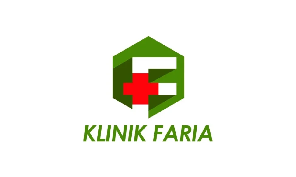 Portofolio Desain Logo Klinik Faria Ogan Komering Ulu Martapura dengan lambang segi enam hijau, monogram F, dan palang medis merah.