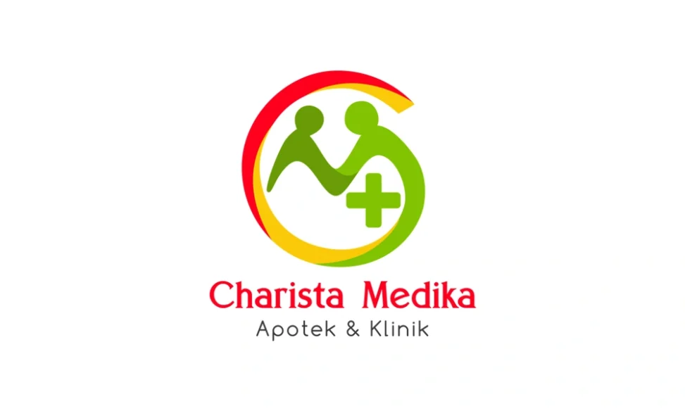 Portofolio Desain Logo Charista Medika Apotek dan Klinik Palembang dengan simbol sirkular pelukan ibu anak berbentuk huruf M dan palang medis hijau.