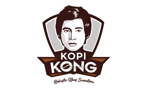 Portofolio Desain Logo Kopi Kong Palembang dengan maskot ilustrasi wajah kakek (Akong) bergaya pop art di dalam perisai vintage.