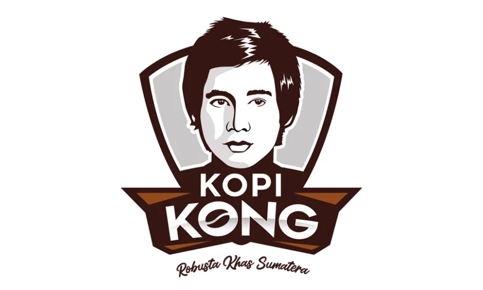 Portofolio Desain Logo Kopi Kong Palembang dengan maskot ilustrasi wajah kakek (Akong) bergaya pop art di dalam perisai vintage.