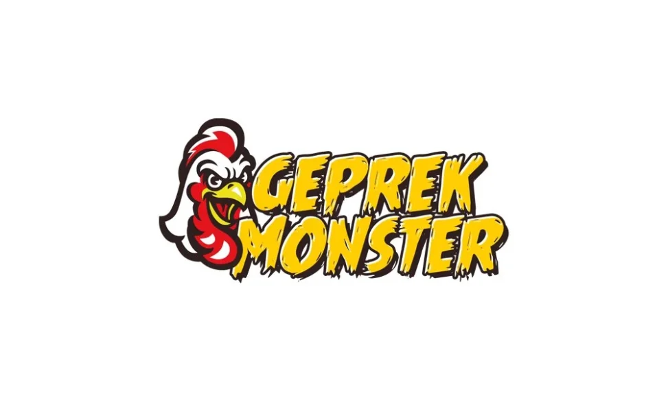 Portofolio Desain Logo Geprek Monster Palembang dengan maskot ayam jago yang ekspresif dan tipografi kustom yang dinamis.
