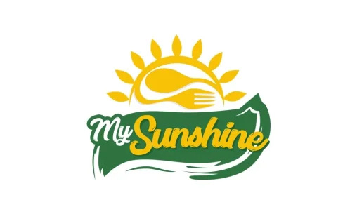 Portofolio Desain Logo My Sunshine Palembang dengan ikon sendok garpu berbentuk matahari terbit dan tipografi skrip organik.