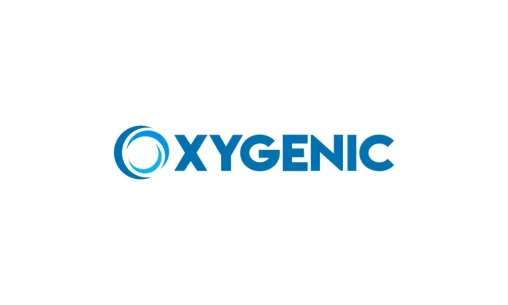Portofolio Desain Logo Oxygenic dengan monogram lingkaran pusaran air abstrak dan tipografi sans-serif corporate yang bersih.