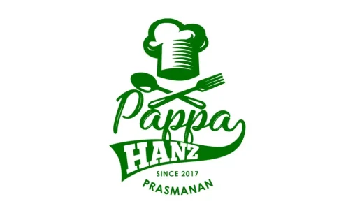 Portofolio Desain Logo Restoran Pappa Hanz Prasmanan Palembang dengan ilustrasi topi koki, sendok, dan garpu berwarna hijau.